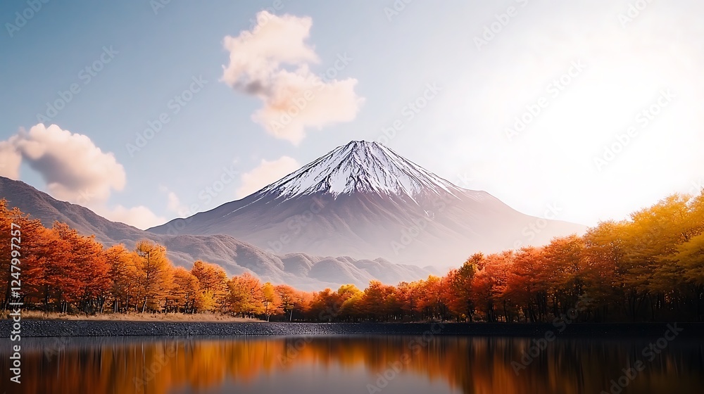 Majestic snow-capped mountain surrounded by vibrant autumn foliage reflecting in calm water Majestic snow-capped mountain surrounded by vibrant autumn foliage reflecting in calm water