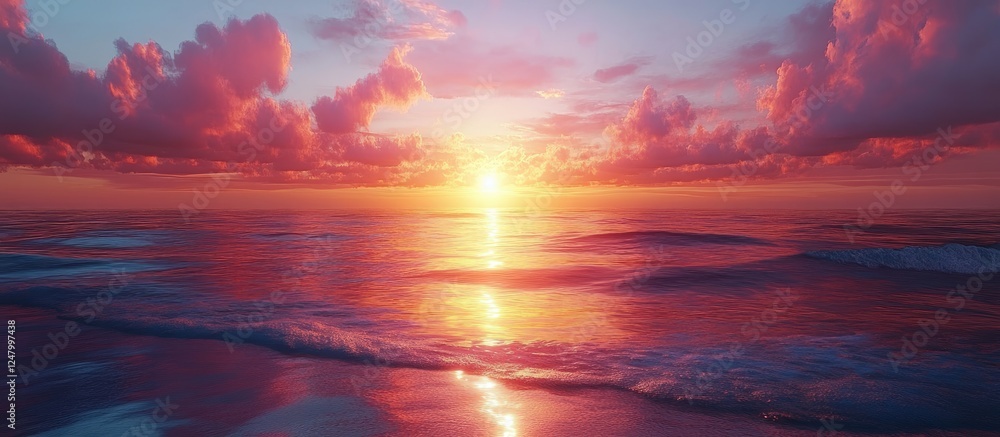 Obraz premium Colorful sunset over calm ocean waves, vibrant pink and orange hues, peaceful and serene atmosphere, dramatic sky with clouds, golden light reflecting on water, tranquil seascape, picturesque scene