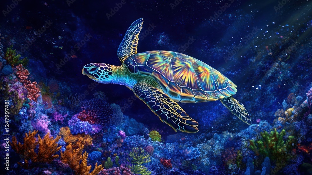 Vibrant sea turtle gracefully swims through a colorful coral reef at night, illuminated by a magical light. Vibrant sea turtle gracefully swims through a colorful coral reef at night, illuminated by a magical light.