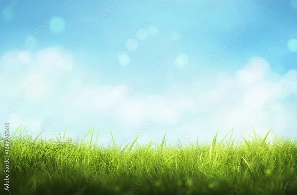 Lush green grass against a bright, blurred blue sky. Lush green grass against a bright, blurred blue sky.