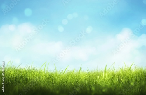 Lush green grass against a bright, blurred blue sky.
