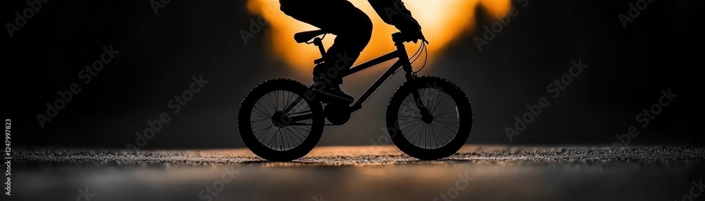 Fototapeta premium A silhouette of a cyclist on a bike against a vibrant sunset backdrop, This image can be utilized for themes related to cycling, adventure, fitness, or outdoor activities,
