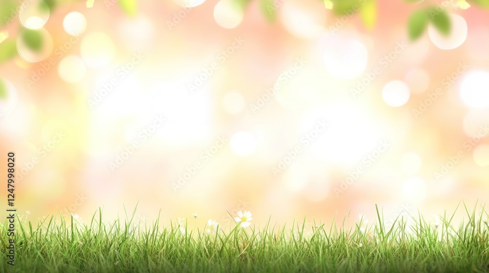 Lush green grass with small white flowers in front of a blurred spring background of peach and yellow bokeh lights and green leaves. Lush green grass with small white flowers in front of a blurred spring background of peach and yellow bokeh lights and green leaves.
