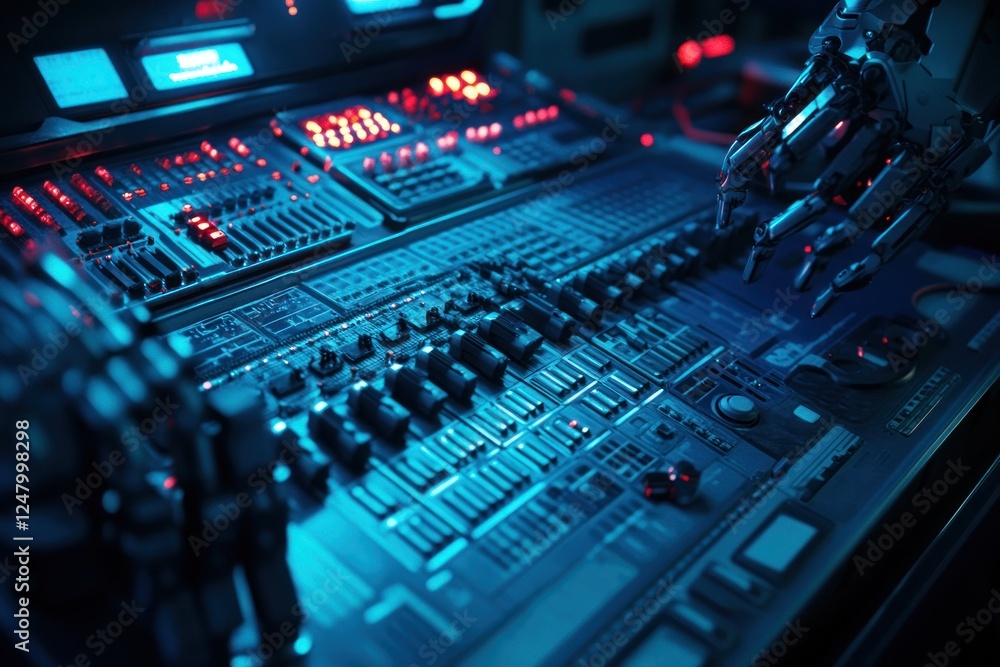 Robotic hand operating a futuristic control panel with glowing buttons and dials in a dark room. Robotic hand operating a futuristic control panel with glowing buttons and dials in a dark room.
