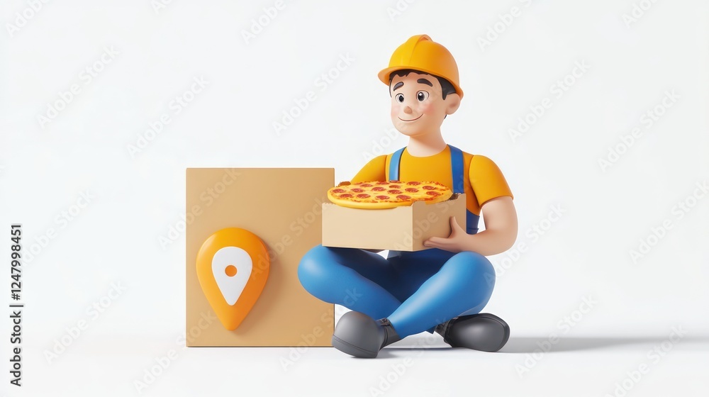 Happy delivery man sitting with pizza box and location marker. (1)