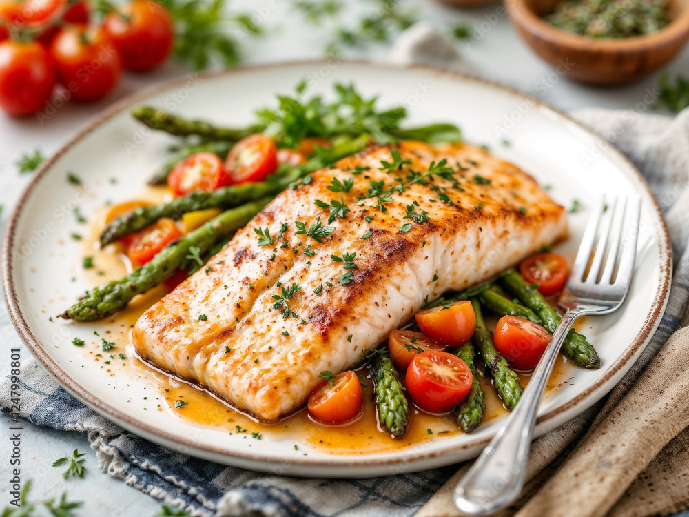 Grilled salmon served with asparagus and tomatoes on a plate ready to eat Grilled salmon served with asparagus and tomatoes on a plate ready to eat