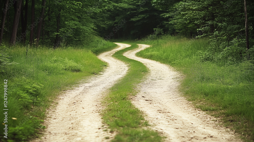 Winding Forest Path:  A secluded dirt road, lined with verdant grasses and towering trees, curves gently through a lush forest, inviting adventure and exploration.