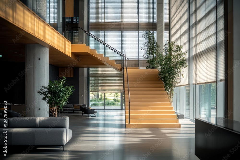 Modern office lobby with wooden staircase, large windows, and potted plants. Modern office lobby with wooden staircase, large windows, and potted plants.