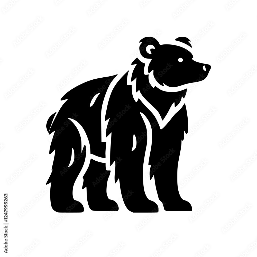 Stylized Silhouette of a Bear: Black-and-White Minimalist Illustration of Bear Standing on White Canvas Stylized Silhouette of a Bear: Black-and-White Minimalist Illustration of Bear Standing on White Canvas
