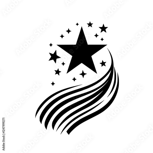 Vector illustration of a black star with multiple supporting stars and a striped curved trail, modern and minimal.
