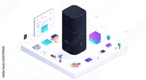 Isometric illustration of a smart home device surrounded by various smart home objects and interfaces.