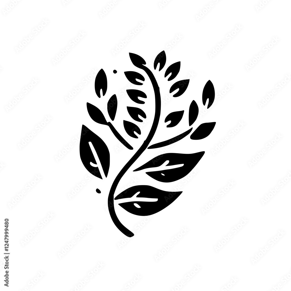 A graphic illustration of a simple leaf stem with leaves and branches, black ink against white background A graphic illustration of a simple leaf stem with leaves and branches, black ink against white background