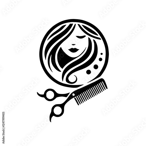 Stylized logo of a woman's face in a circle, with hair and scissors.