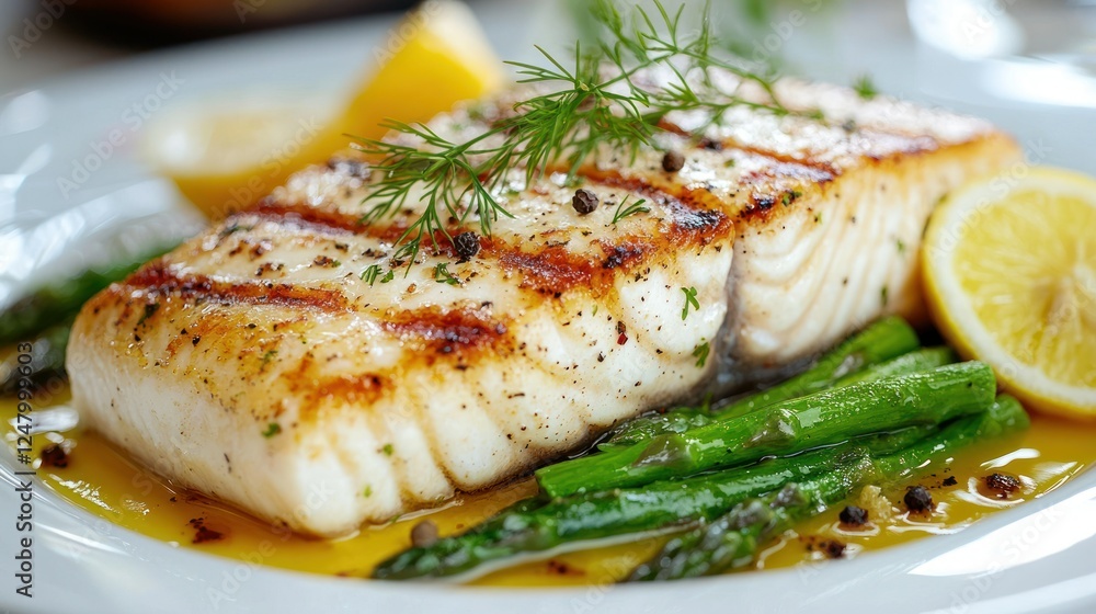 Grilled fish with asparagus, lemon, and sauce. Restaurant meal Grilled fish with asparagus, lemon, and sauce. Restaurant meal