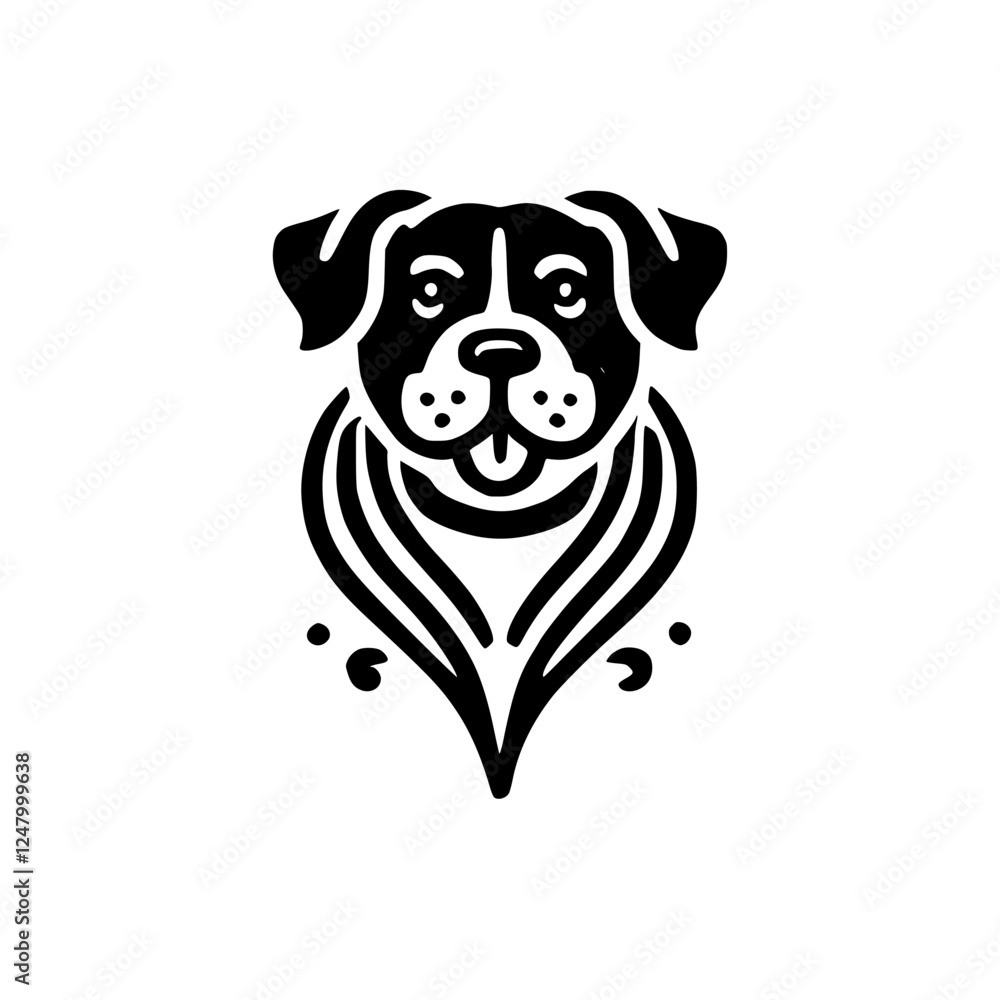 Minimalist black and white dog illustration logo, stylized portrait, white background, happy, vector style, smiling.