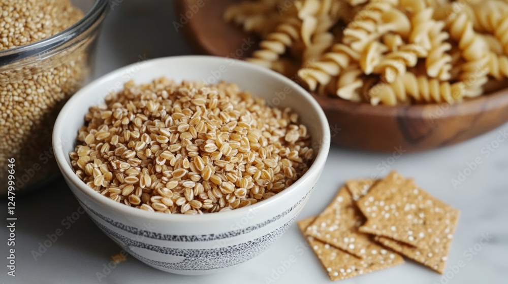 Whole grains in bowl with pasta and crackers, showcasing healthy eating options. This highlights nutritious ingredients for balanced meals Whole grains in bowl with pasta and crackers, showcasing healthy eating options. This highlights nutritious ingredients for balanced meals