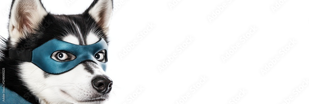 Super Siberian Husky dog wearing a teal mask, looking to the right against a white background. Super Siberian Husky dog wearing a teal mask, looking to the right against a white background.