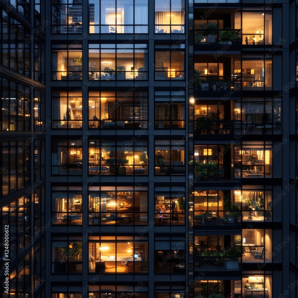 Office building at night with illuminated windows, Office building at night with illuminated windows,