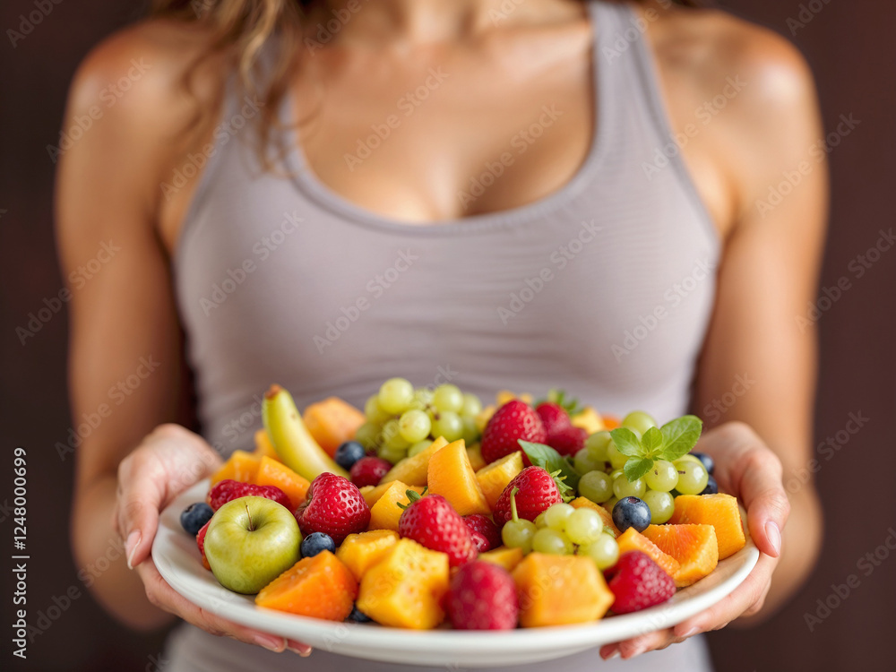 Fruit salad held by woman promotes healthy eating and wellness concept indoors Fruit salad held by woman promotes healthy eating and wellness concept indoors