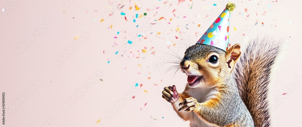 Fototapeta premium Joyful squirrel in party hat amidst confetti. (1)
