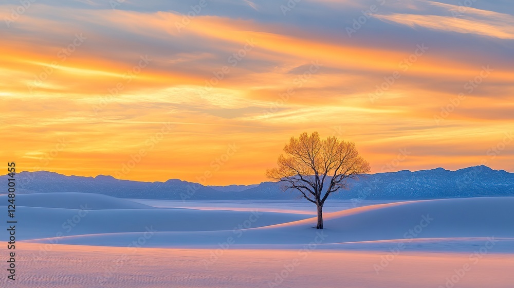Solitary Tree Stands in Snowy Desert at Sunset Solitary Tree Stands in Snowy Desert at Sunset