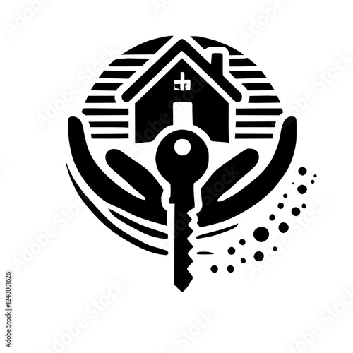 Real Estate Logo: A Black and White Logo Illustrating Hands Holding a House Key, Black and White.