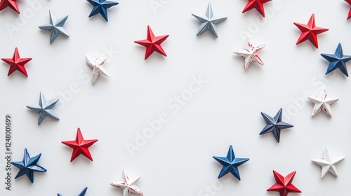 a clean white background decorated with scattered five-point stars in red, white, and blue, symbolizing the American flag and evoking a festive and patriotic feeling
