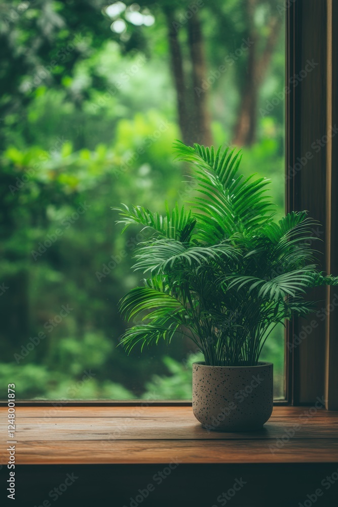 A lush green houseplant sits in a textured pot on a wooden windowsill, framed by a hazy, nature-filled background, Ideal for enhancing home decor or promoting indoor gardening themes, A lush green houseplant sits in a textured pot on a wooden windowsill, framed by a hazy, nature-filled background, Ideal for enhancing home decor or promoting indoor gardening themes,