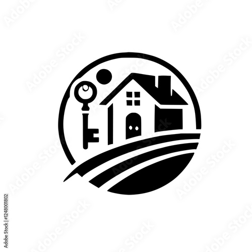 Real Estate Symbol: House Silhouette with a key, in a circle, depicting home ownership.