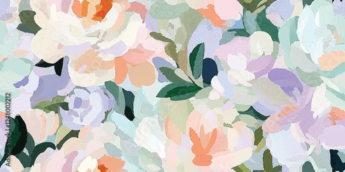 Seamless vector repeating pattern, gouache flowers in soft pastel hues of blush pink, mint green, and lavender, forming a playful and simple floral design