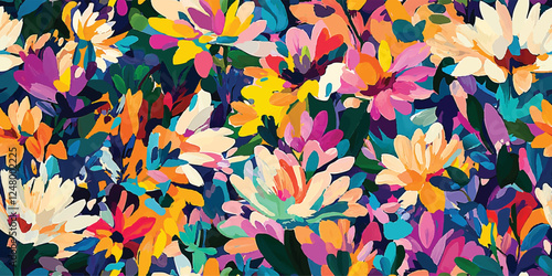 Floral abstract seamless vector pattern, spring garden, blooming meadow, bright colorful flowers, gouache painting, brush strokes vector seamless pattern, Design fabric, cover, banner, invitation