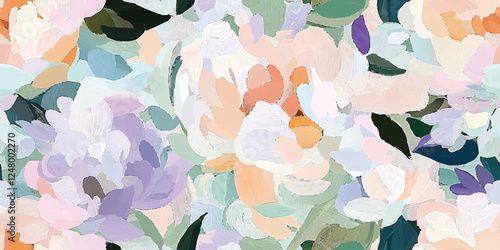 Seamless vector repeating pattern, gouache flowers in soft pastel hues of blush pink, mint green, and lavender, forming a playful and simple floral design