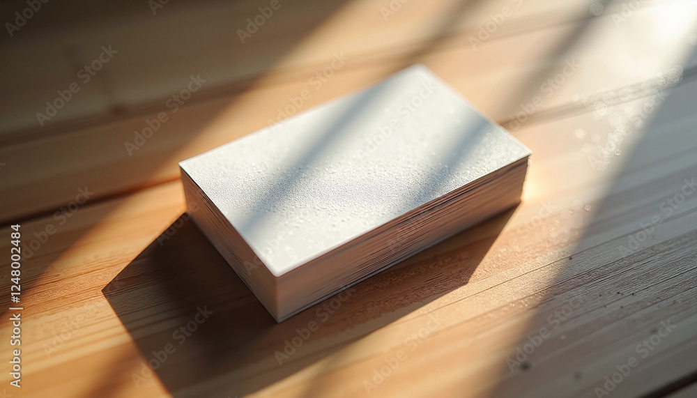 Fototapeta premium Photorealistic Business Card Mockup with Minimalistic Design on Rustic Wooden Surface in Soft Natural Light