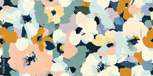 Floral abstract seamless vector pattern, spring garden, featuring blooming flowers, gouache painting, brush strokes vector seamless pattern, Design fabric, cover, banner, invitation