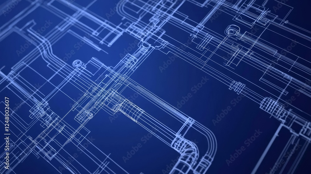 Fototapeta premium Aesthetic presentation of engineering blueprints highlighting piping layouts.