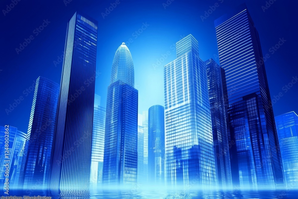 Fototapeta premium Sleek blue skyscrapers reaching for the sky.