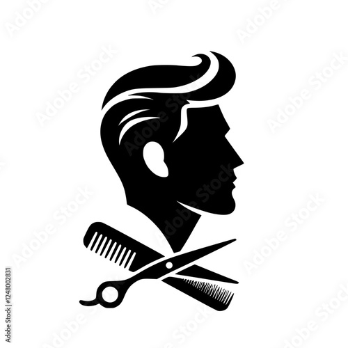 Barber silhouette profile, comb, and scissors on white background representing the art of hairstyling.