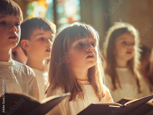 Children singing inside a church.  photo