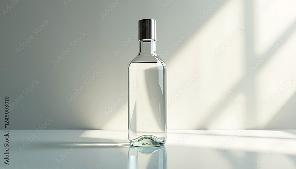 Photorealistic Clear Glass Bottle Mockup with Silver Cap on Reflective Surface in Soft Natural Light Photorealistic Clear Glass Bottle Mockup with Silver Cap on Reflective Surface in Soft Natural Light