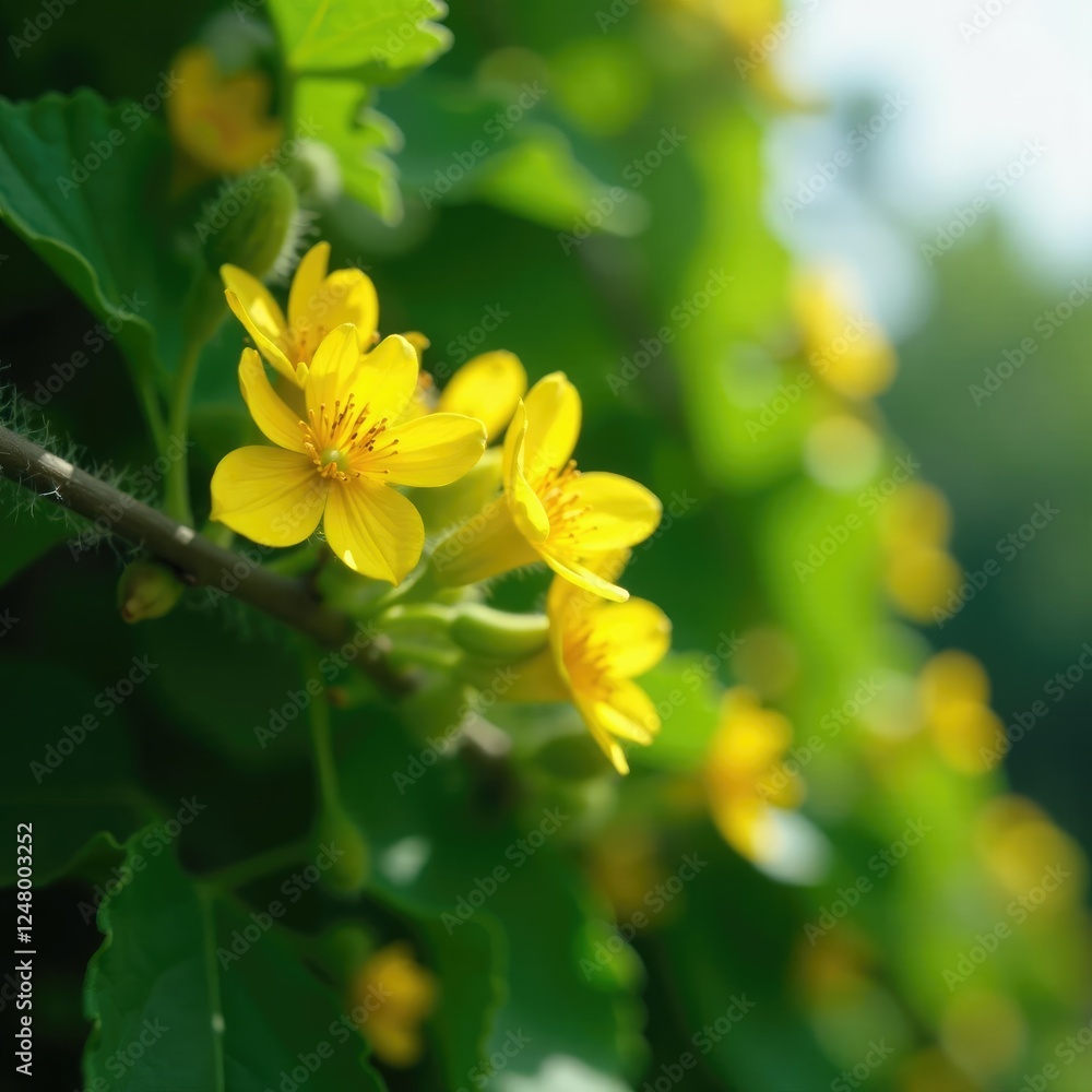 Fototapeta premium tiny yellow flowers blooming on cucamelon vine, blooms, nature