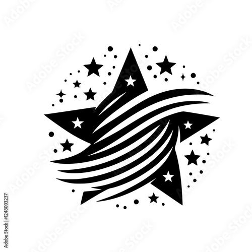 Black and white illustration of a large star with wavy lines and additional stars, creating a circular composition.