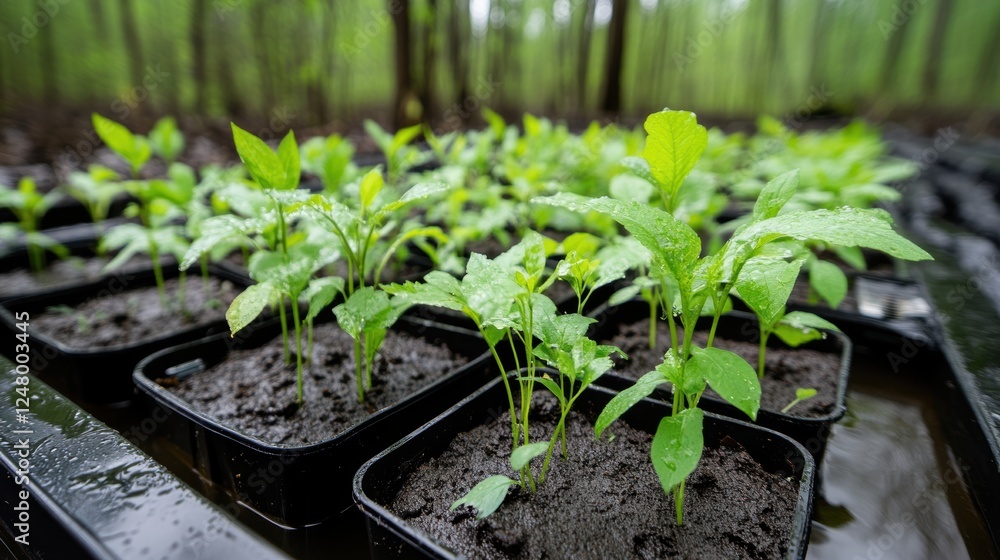 Fresh seedlings thrive in black containers, surrounded by a lush green forest, showcasing healthy plant growth, Ideal for agriculture, botany, gardening, or environmental themes in marketing, Fresh seedlings thrive in black containers, surrounded by a lush green forest, showcasing healthy plant growth, Ideal for agriculture, botany, gardening, or environmental themes in marketing,