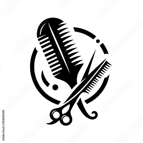 Barber shop logo, illustration with a comb, scissors, and circle