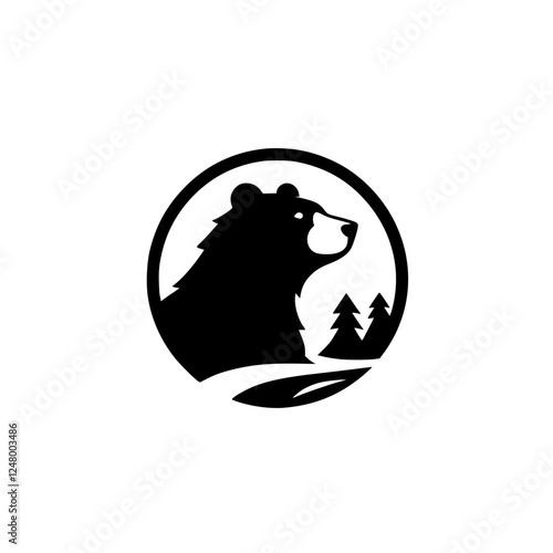 A stylized bear logo in a circle. Silhouette of a black bear's head with mountains and two trees.