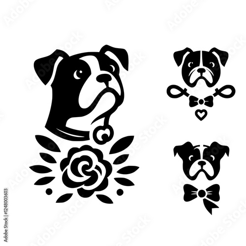 Elegant Boxer Dog Silhouettes with Floral Adornment, Three different designs in black and white.