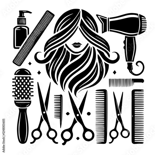 Black and white illustration of a stylized haircut, hair tools, and accessories.