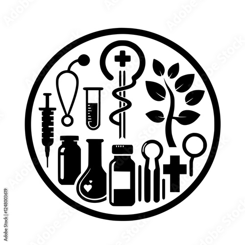 Illustration: Circular arrangement of medical and natural elements, like a syringe, stethoscope, and tree.