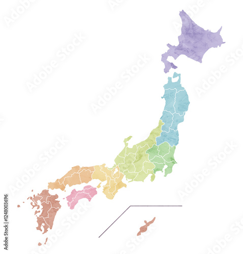 カラフルな水彩風の日本地図のイラスト