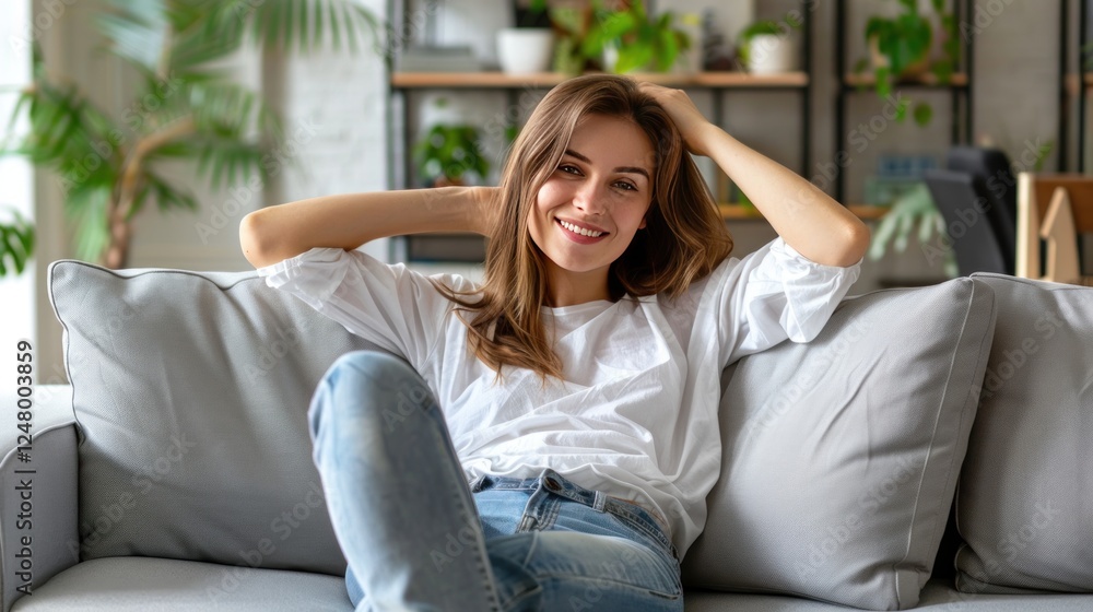 A woman is sitting on a couch with a smile on her face A woman is sitting on a couch with a smile on her face