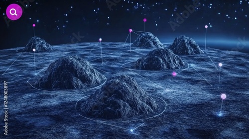 Networked Planetary Nodes: A futuristic digital landscape of interconnected rocky formations under a starry expanse. photo